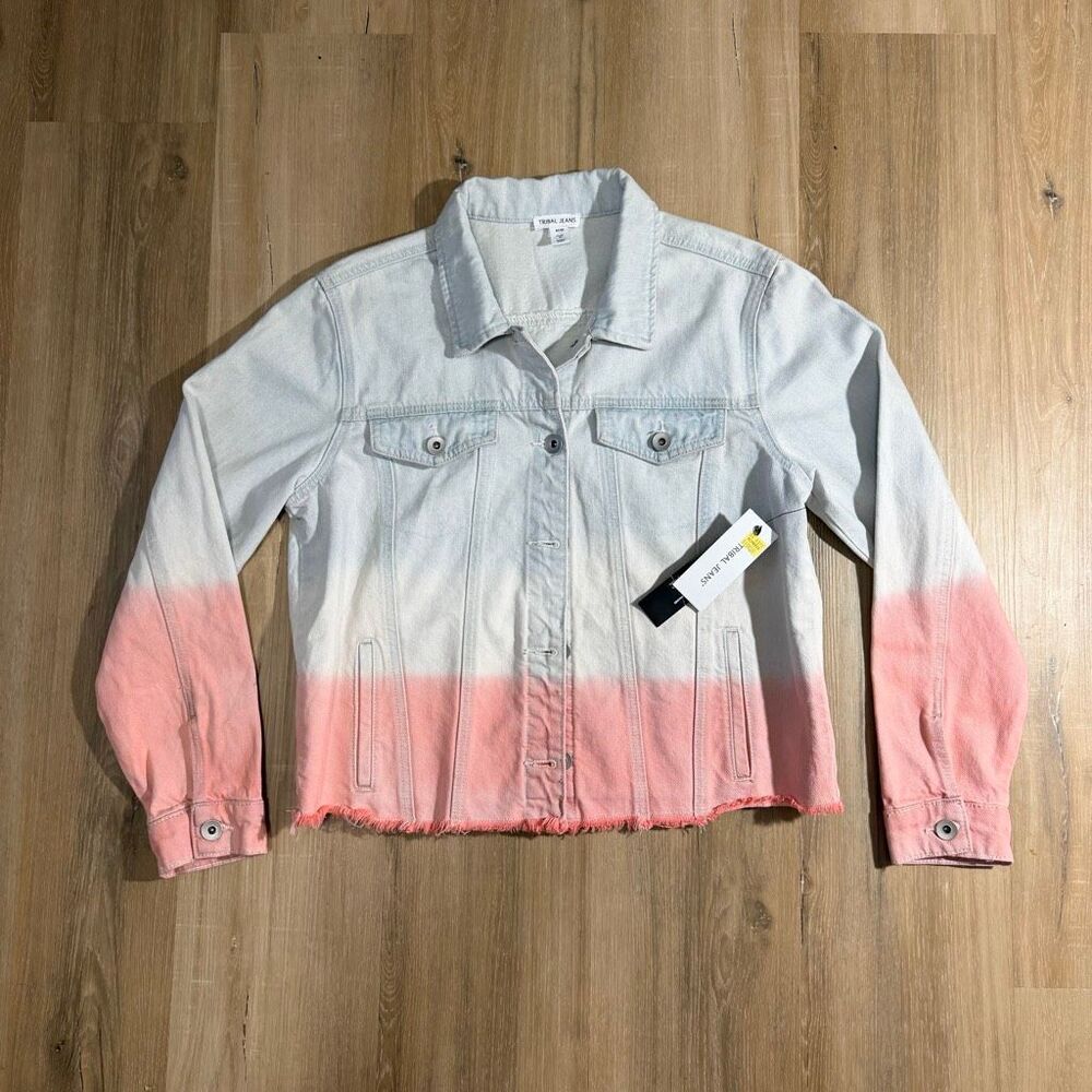 New Tribal Jeans Pink White Ombre Denim Jacket Raw Hem Sz M Barbiecore